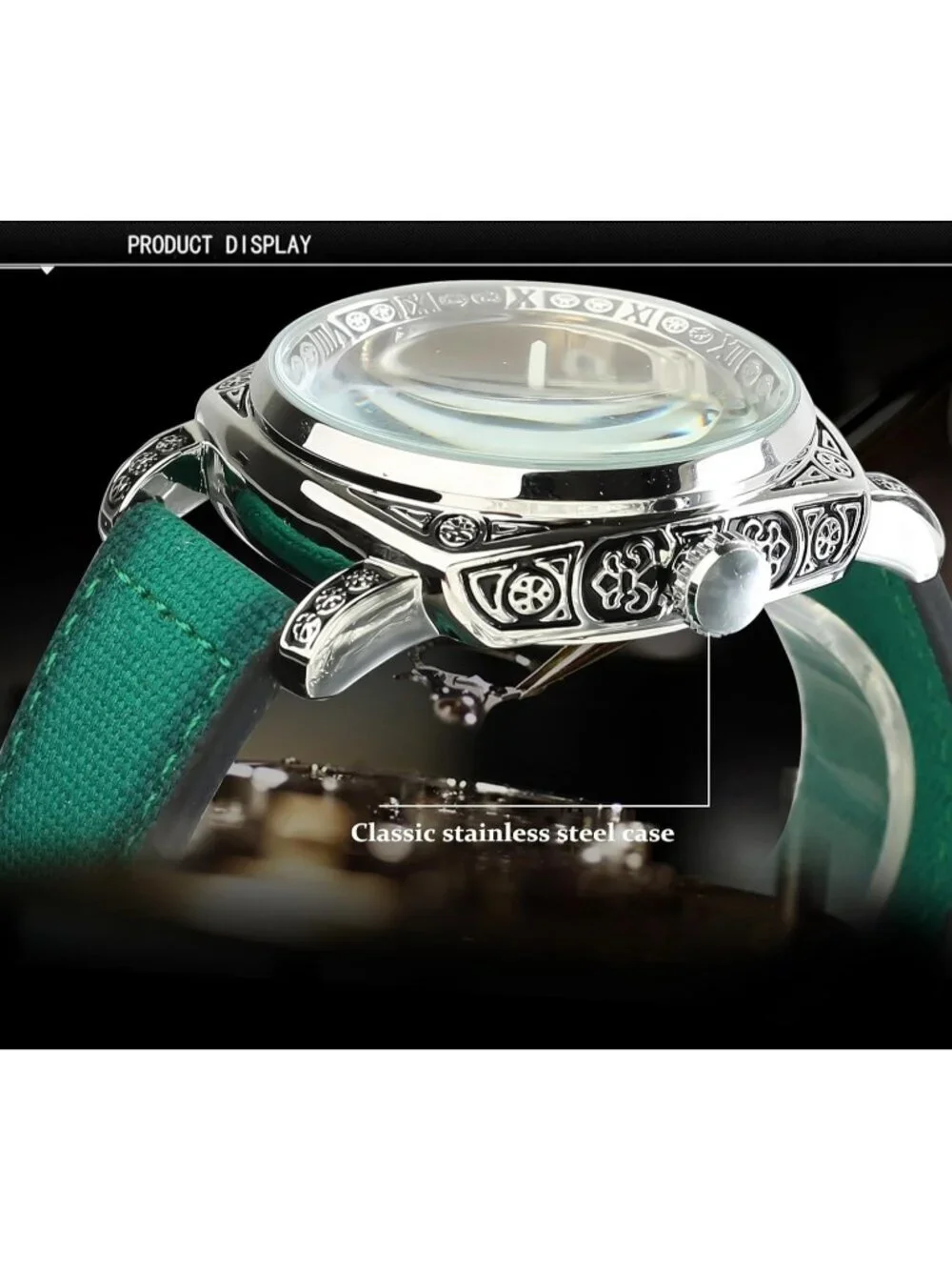 Men's Green Square Mechanical Leather Strap Self-Wind Carved Automatic Watch